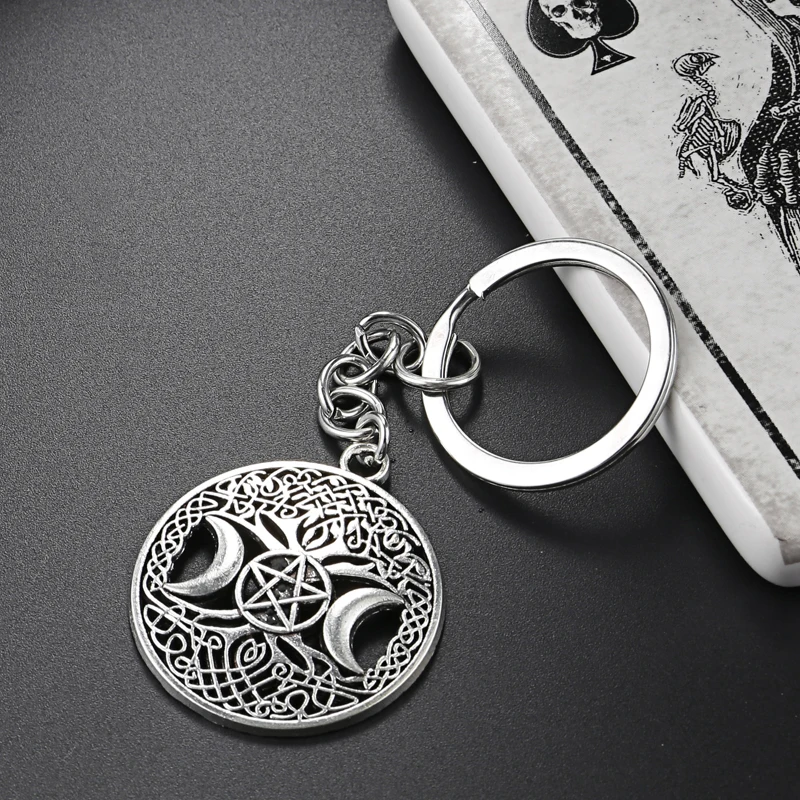 New Triple Moon Goddess Keychain Wicca Pentagram Magic Tree Key Ring Witch Key Chain Halloween Gifts DIY Jewelry Handmade