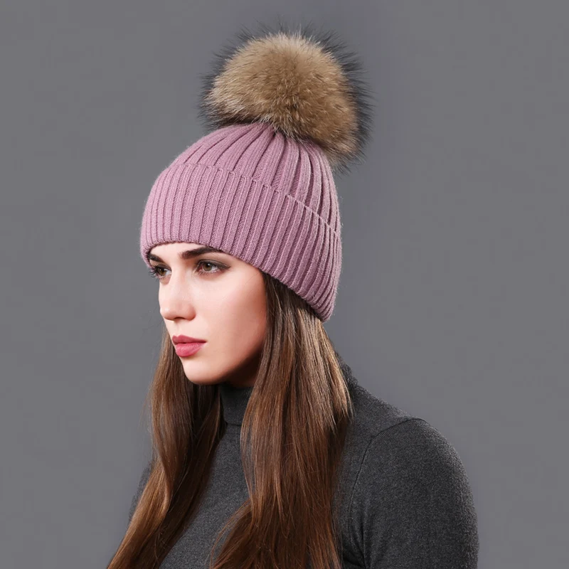 CNTANG Autumn Winter Hat Fashion Women Beanies Raccoon Fur Pompom Hats Casual Warm Knitted Wool Cap For Female Girls