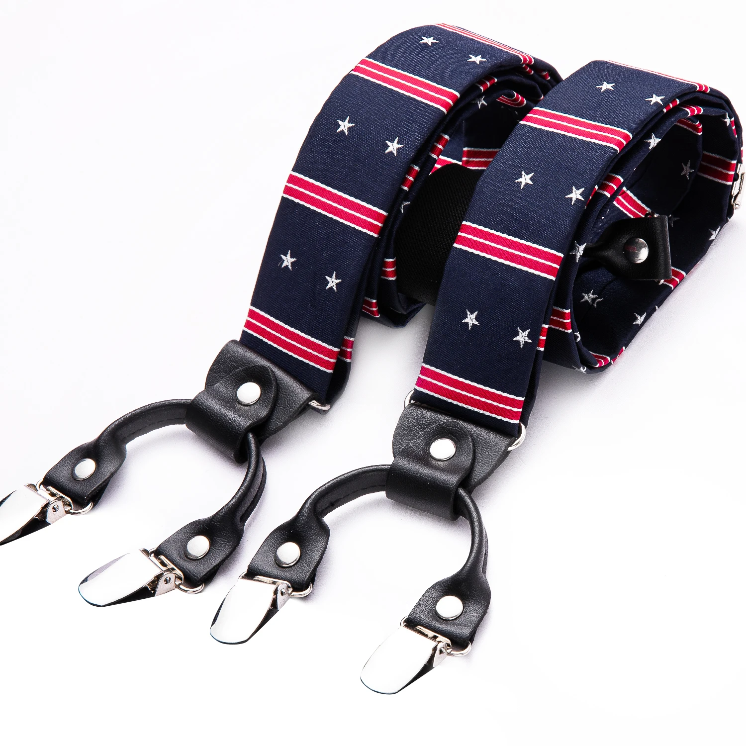 Men Silk Suspenders Set 6 Clip-on Braces Elastic Y-Shape Adjustable Red Black Suspenders Necktie Cufflinks Hanky Set Barry.Wang