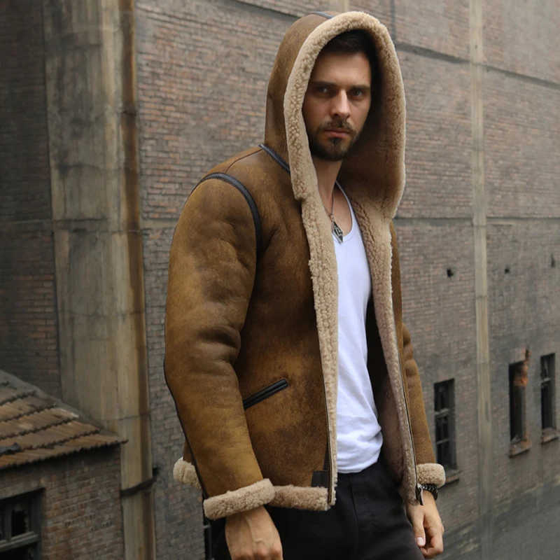 New Mens Shearling Jacket Retro Motorcycle Jacket Short Fur Jacket Hooded Leather Jacket Thicken Wool Coat