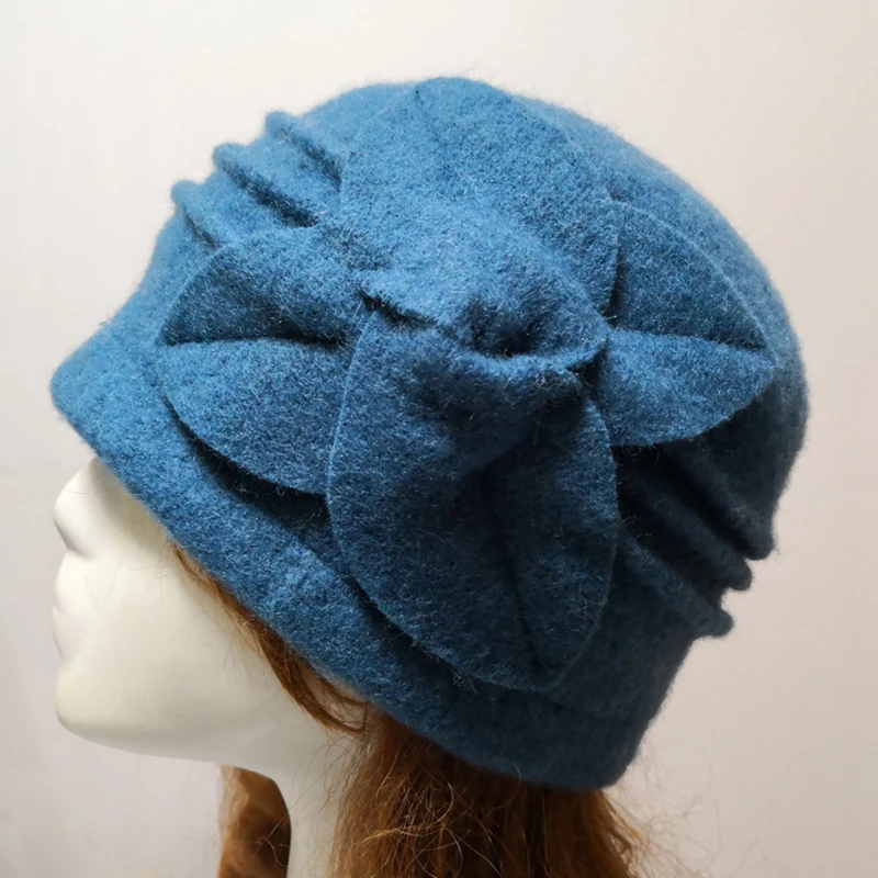 Vintage black woolen hat dome bow lotus leaf big hat lady autumn and winter hat temperament hat