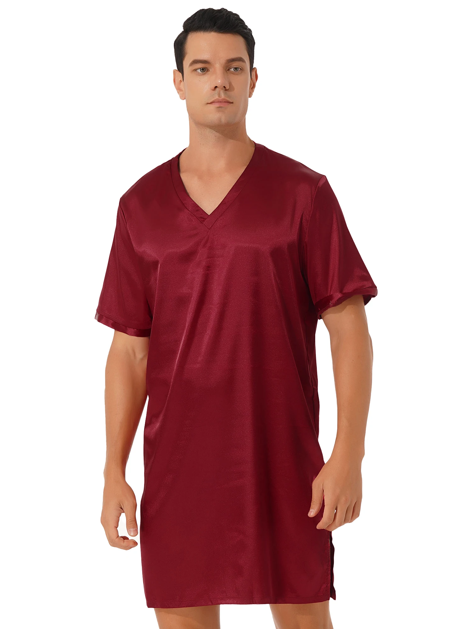 2022 Mannen Korte Mouw Slaap Gewaden Homewear V-hals Knop Gezellige Badjas Leisure Satijn Nachthemd Heren Pyjama Nachtjapon Jurk