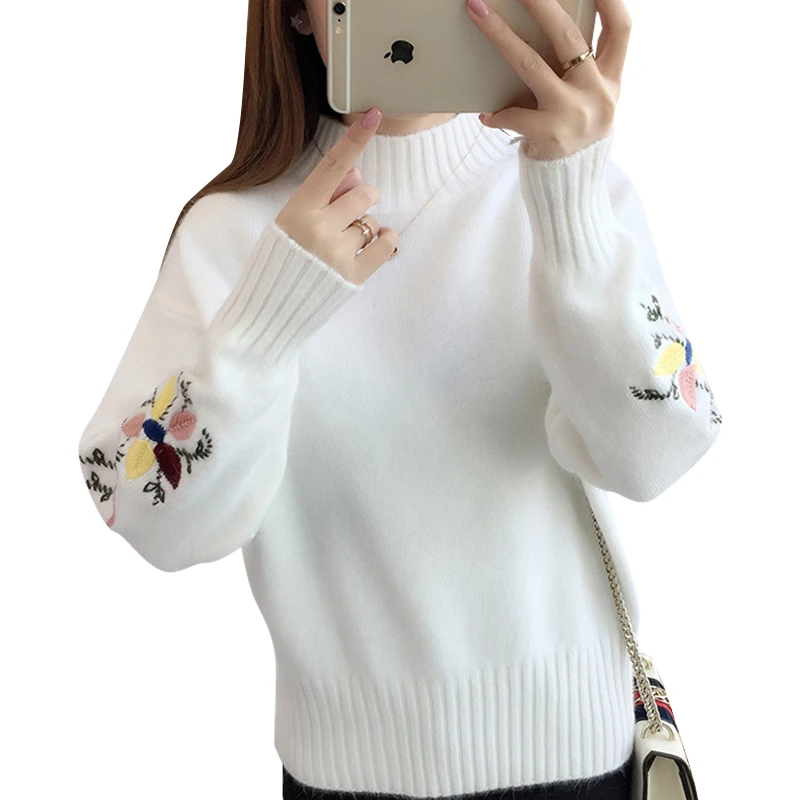 Winter Half Turtleneck Knitted Sweater Korean Pullover Women Clothes Fashion Embroidery Flower Pull Femme Loose Ladies Tops H818