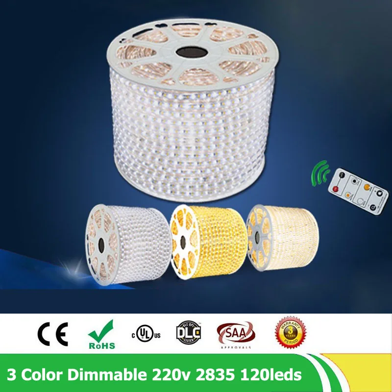 50m/lot 120leds/m Dimmable LED Strip Flexible Tiras Led 220V- 240V SMD2835 Ribbon Rope Light Waterproof IP67