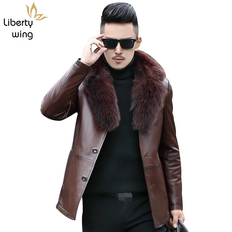 

New Brand Men Genuine Leather Outerwear Detachable Real Fox Collar Male Luxury Winter Thick Warm Wool Lining Coat