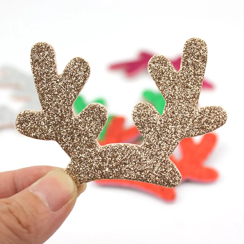 20Pcs 7.5*5.5cm Glitter Christmas antlers shiny Padded Appliques For Clothes Craft Sewing Supplies DIY Hair Clip Accessories