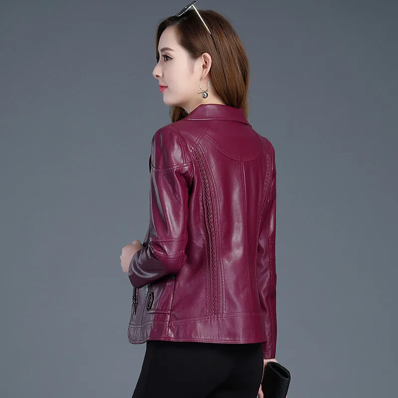 Women Clothing L-6XL Autumn Winter Middle Aged Women\'s PU Leather Jacket Coat Ladies Faux Leather Jacket Red Biker Jacket