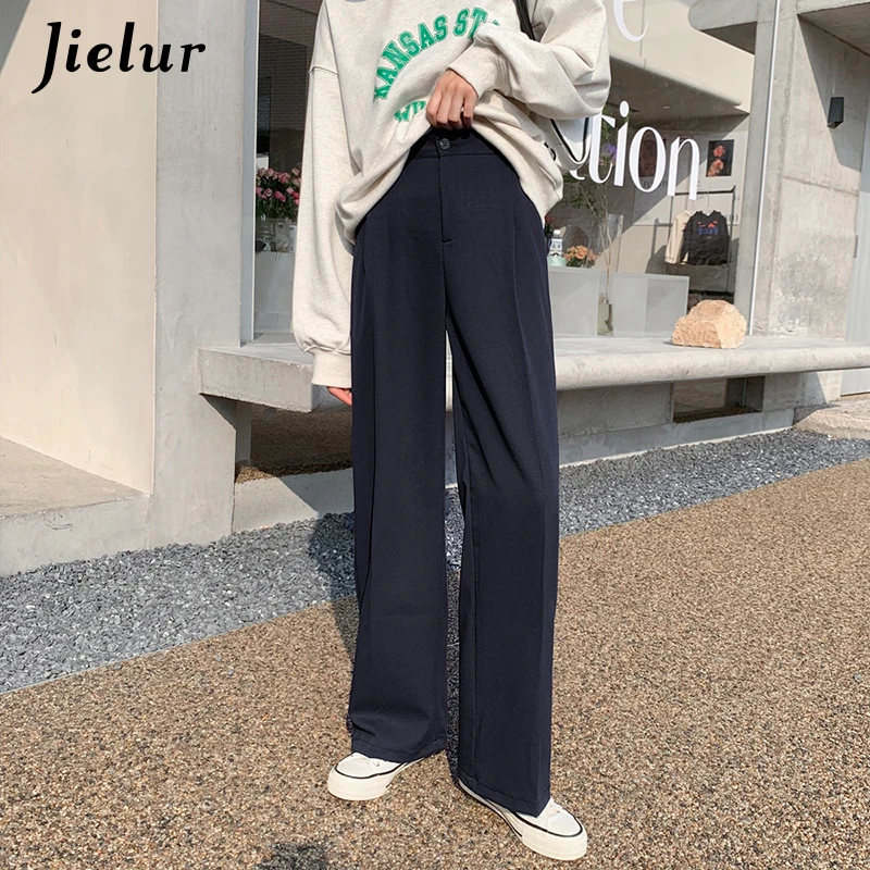 Jielur New Korean Style Zipper White Wide-leg Pants Women Solid Color Suit Trousers Female Autumn Gray High-waist Straight Pants