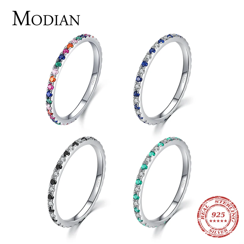 Modian 2021 Real 925 Sterling Silver Rainbow CZ Simple Fashion Finger Ring Stackable Enamel Rings For Women Brand Fine Jewelry