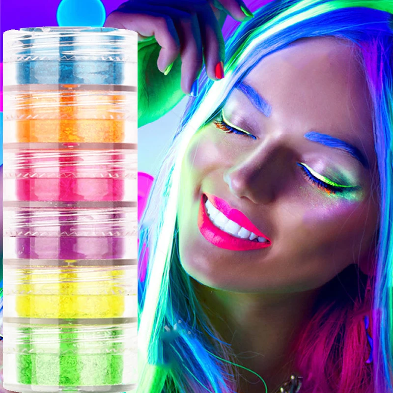 6pcs/set Neon Matte Eyeshadow Powder Green Yellow Purple Fluorescent Waterproof Glitter Eye Shadow Luminous Pigment Makeup Dust