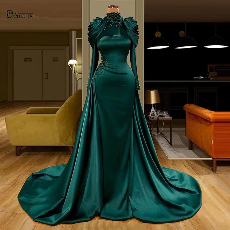 Emerald Green Moslim Lange Mouwen Avondjurken Mermaid Hoge Hals Afneembare Kralen Satin Plus Size Vrouwen Formele Prom Jassen