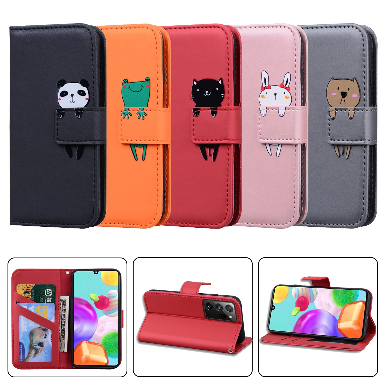 Leather Card Slots Flip Case For Galaxy Note9 Note10 Plus Note 20 Ultra Holder Soft Cover Stand Bag Cute Cartoon Panda Cat Dog