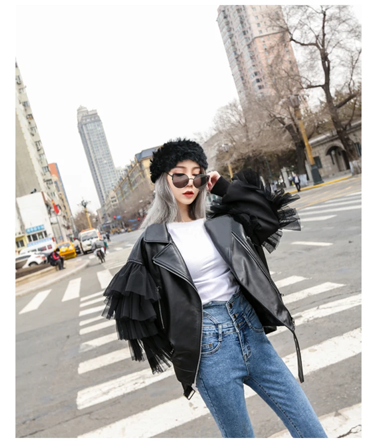 Lautaro Autumn Short Black Oversized Lace Patchwork Leather Biker Jacket Long Sleeve Loose Womans Clothing Fashionable Outerwear