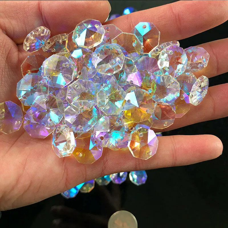 20PC AB Aurora Octagonal Bead Crystal Chandelier Faceted Prism Suncatcher Lighting Ornaments Parts Curtain Pendant Home Decor