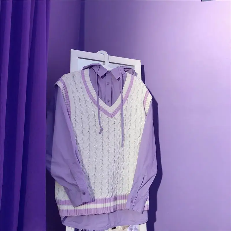 Sweater Vest Women Lovely Purple Korean Popular V-neck Teens Twisted  All-match Autumn Fashion Femme Sleeveless Knitwear