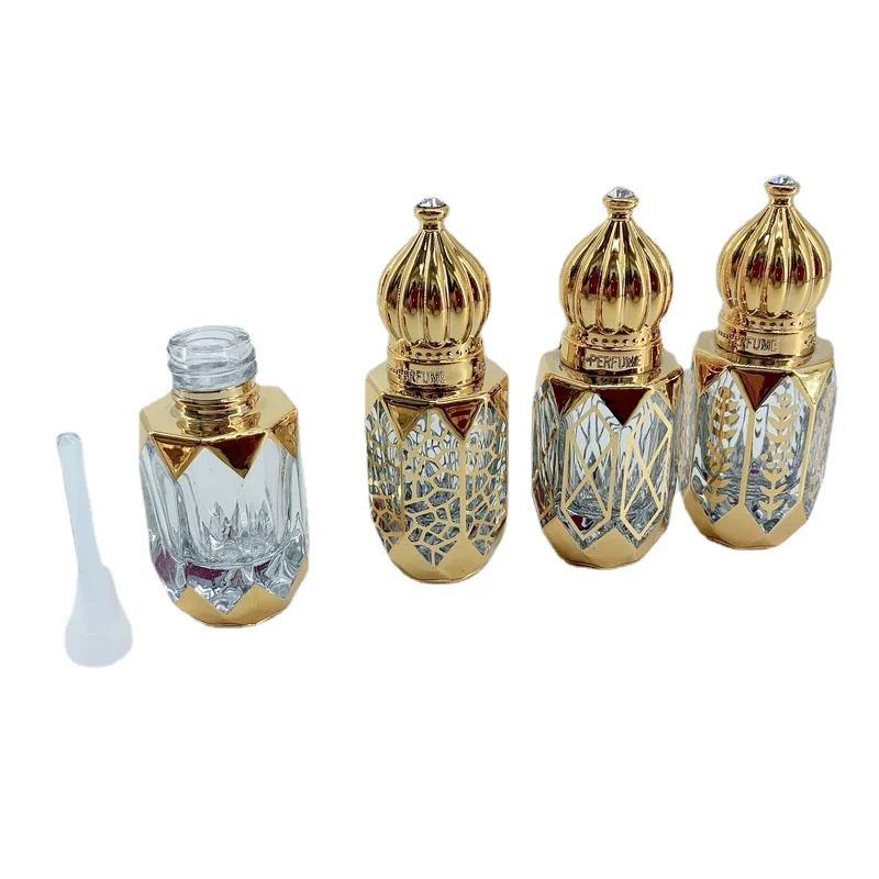 6ml altın arapça kristal uçucu yağ şişeleri Attar Oud cam parfüm şişeleri ile rulo damlalıklı etiket 10 adet/grup P323