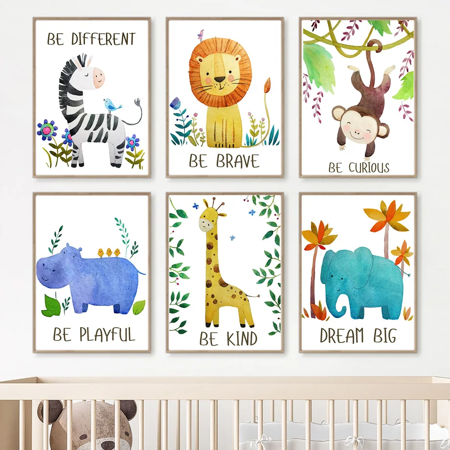 

Lion Giraffe Elephant Zebra Hippo Jungle Nursery Wall Art Mural Print Canvas Painting Poster Home Decor Pictures Baby Kids Room