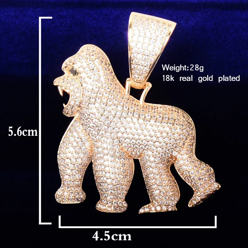 Animal Orangutan Pendant Gold Color AAA Bling Zircon Men's Hip Hop Necklace Rock Jewelry