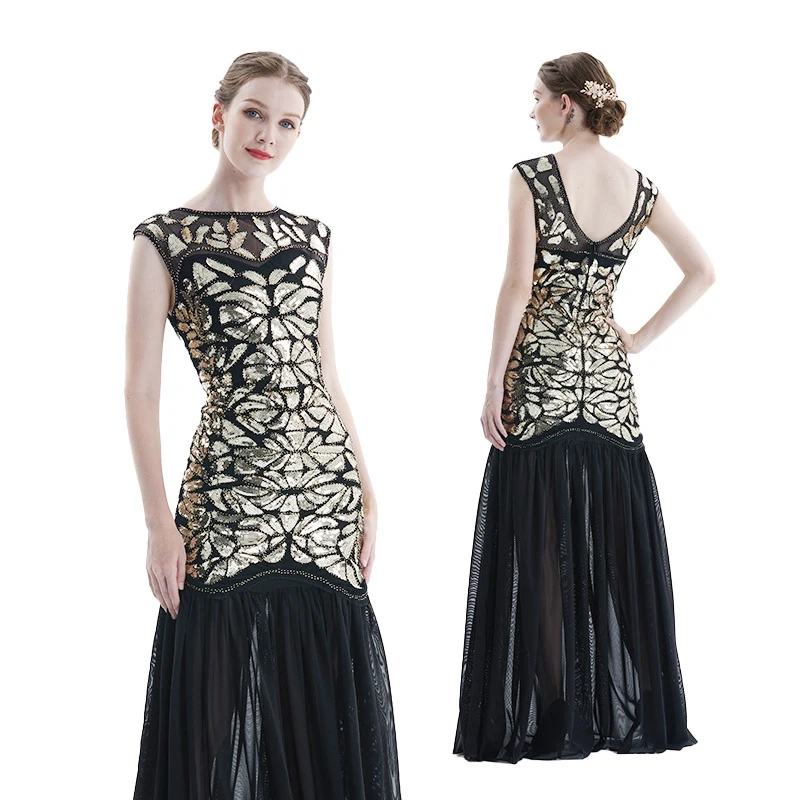 1920s Beaded Sequins Gatsby Flapper Dresses Long Vintage Women Dresses Sparkling See-Through Sexy Chic New Club Dresses