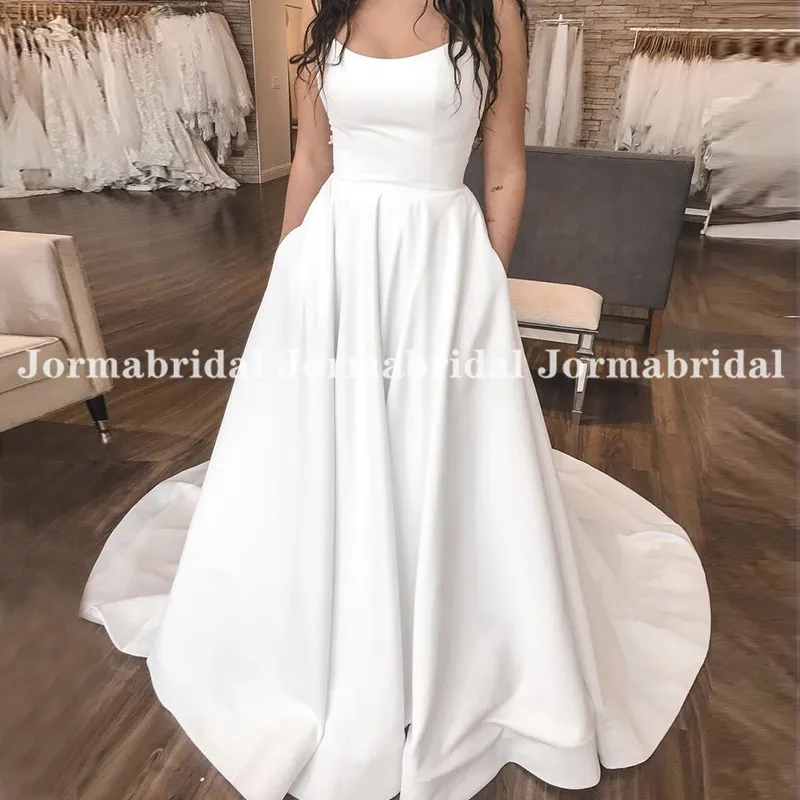 Vestidos de novia de corte en A sin tirantes con bolsillo, cola larga de princesa, vestido de boda de satén blanco personalizado, vestido de novia 2021