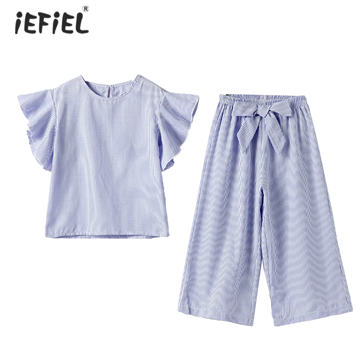 

Kids Clothes Girls Summer 2021 Outfits Striped Ruffle Sleeves Tops + Wide Leg Pants 2Pcs Kids Tracksuit Teen Girls Clothing Sets