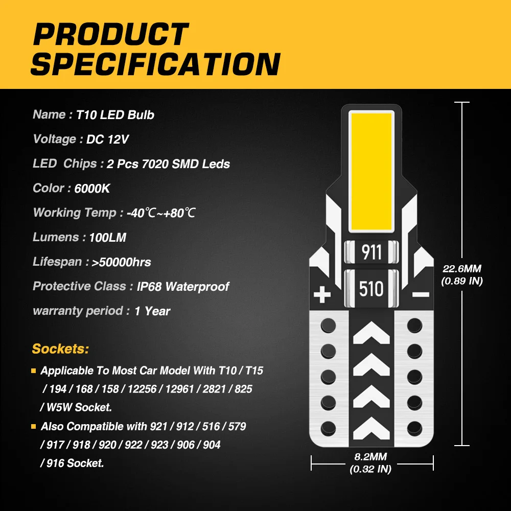 NOVSIGHT W5W T10 Car LED Lights 7020 SMD LEDs Auto Signal Lamp 6000K 12V 100Lm Interior Map Dome Light Car Accessories