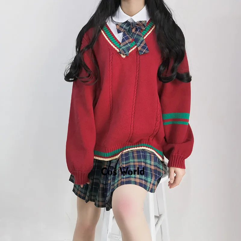 Christmas XMAS New Year Autumn Winter Red Long Sleeve Knit Tops Pullovers V Neck Sweaters For JK School Uniform Student Clothes