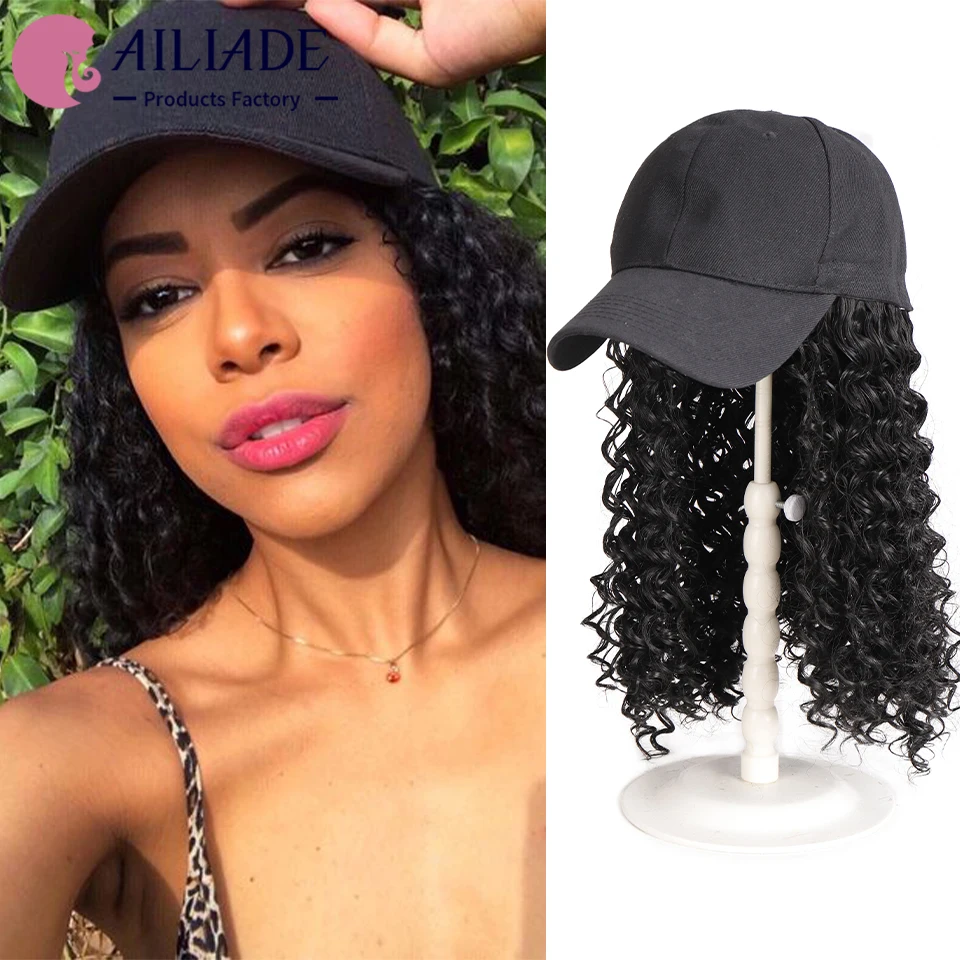 

AILIADE Synthetic Wig With Baseball Cap Long Curly Fake Hair Daily Party Hat Wig Hair Extensions Natural Hairpiece For Women