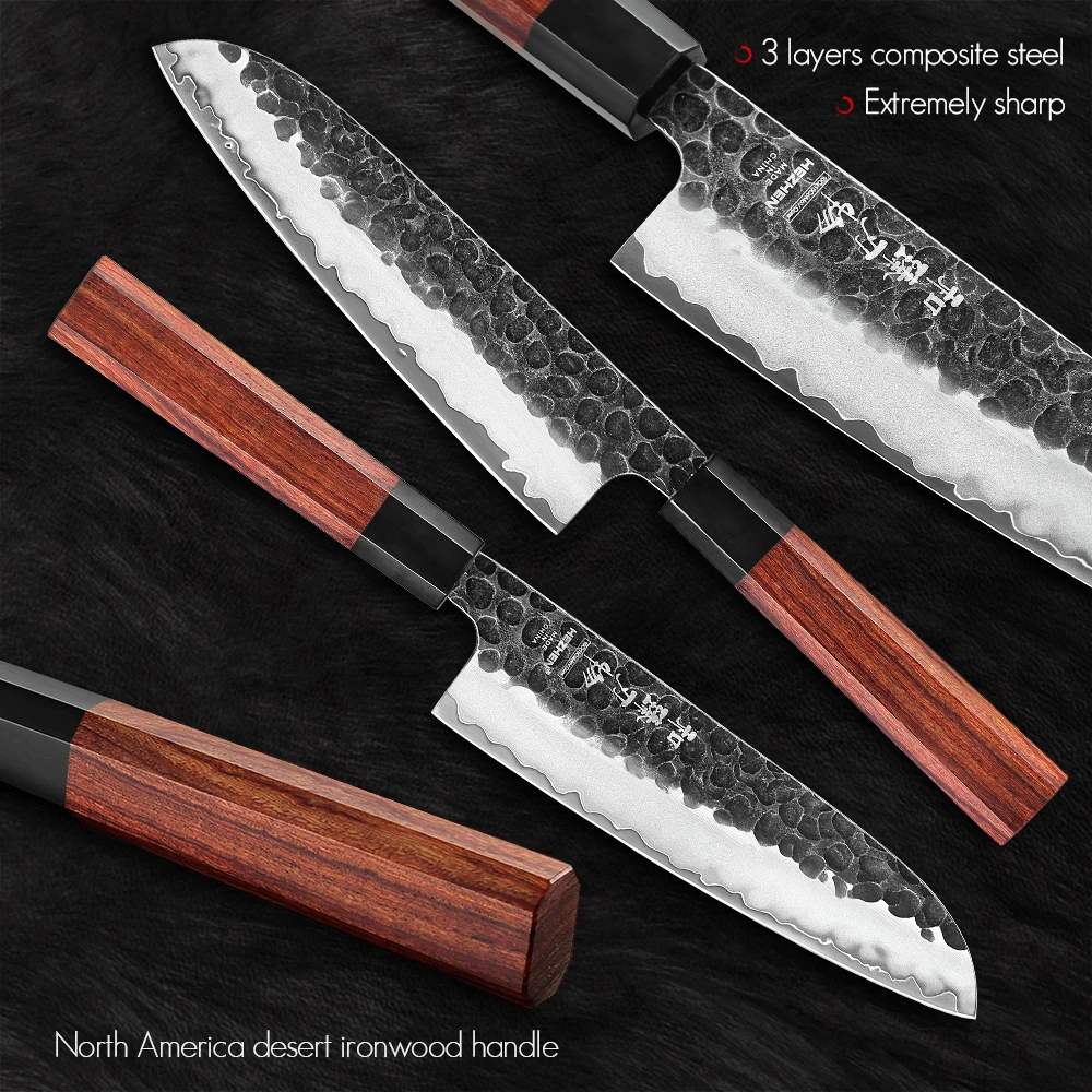 HEZHEN 7 Inch Santoku 3 Layers Composite Steel High quality Rosewood Handle Kitchen Tools Cook Knife Stainless Steel Gift Box