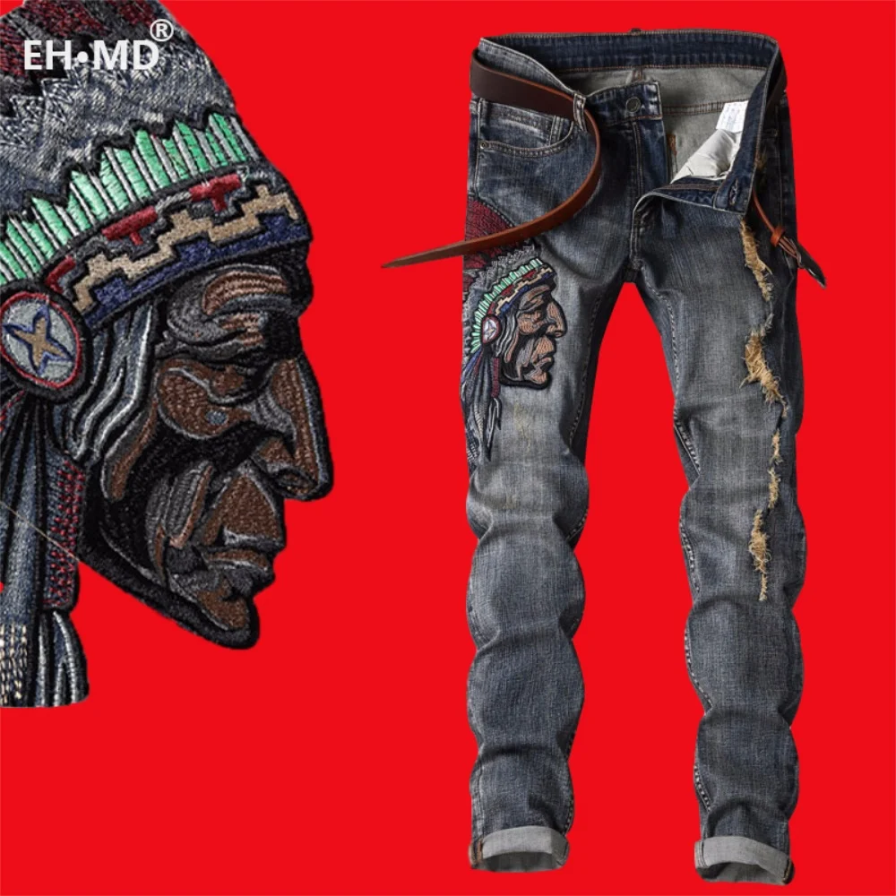 EH·MD® Indian Avatar Embroidered Jeans Men Scratch Long Cracks High Street Pants Soft Red Ears Blue Grey Slim 2020 Western Style