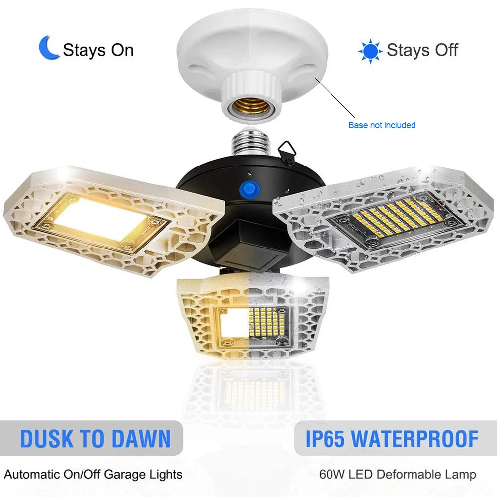 

Ceiling Light Bulb Deformable LED Garage Lights Ultra-Bright IP65 7200LM-12000LM 60W-100W with Steady on Dusk to Dawn Light D30