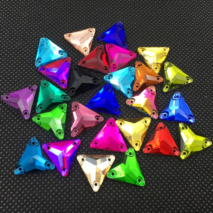 Triangle en cristal de verre à coudre sur strass 12 16 22mm, dos plat avec trou, toutes les couleurs, pierre à coudre pour robe de Costume, artisanat