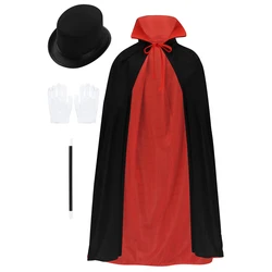 Kids Magician Role Play Costume Outfit Cloak Cape with Hat Magic Wand Gloves Set for Halloween Carnival Cosplay Party Dress Up