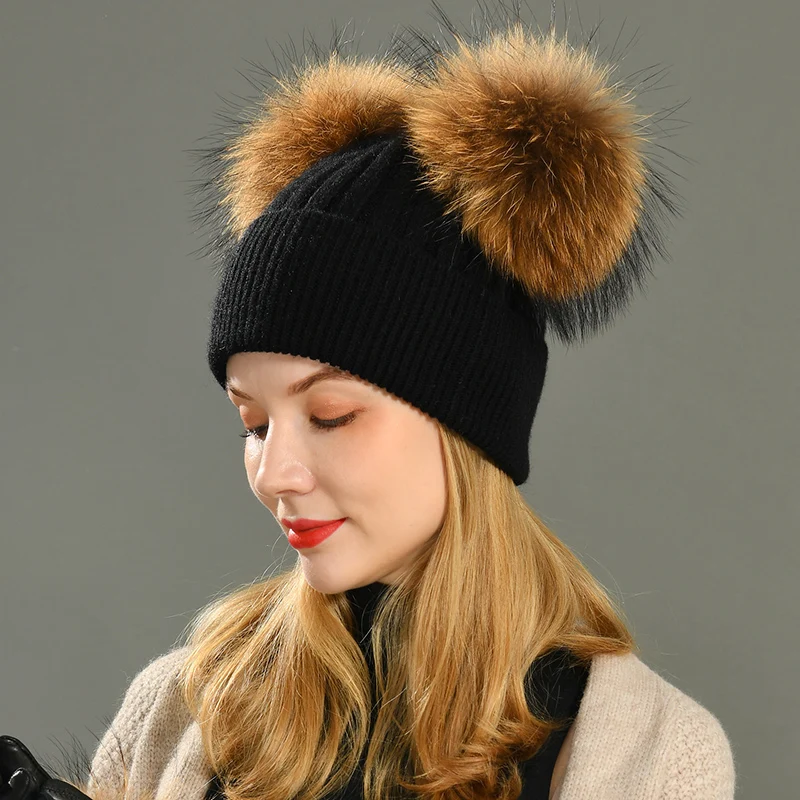 Winter Real Fur Beanie Hat for Women Ladies Double Natural Raccoon Fur Pom Pom Cap Skullies Beanie Knitted Hat With 2 Fur Pompom