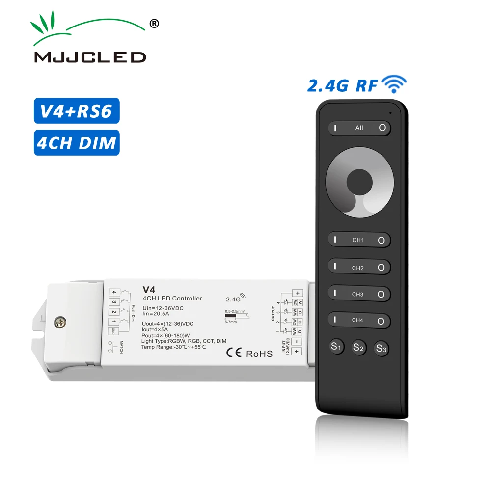 LED Dimmer V4 12V DC 24V 36V 4 Channels Push Dim Switch PWM RF 2.4G Wireless Remote RS6 Control for Single Color LED Strip Light