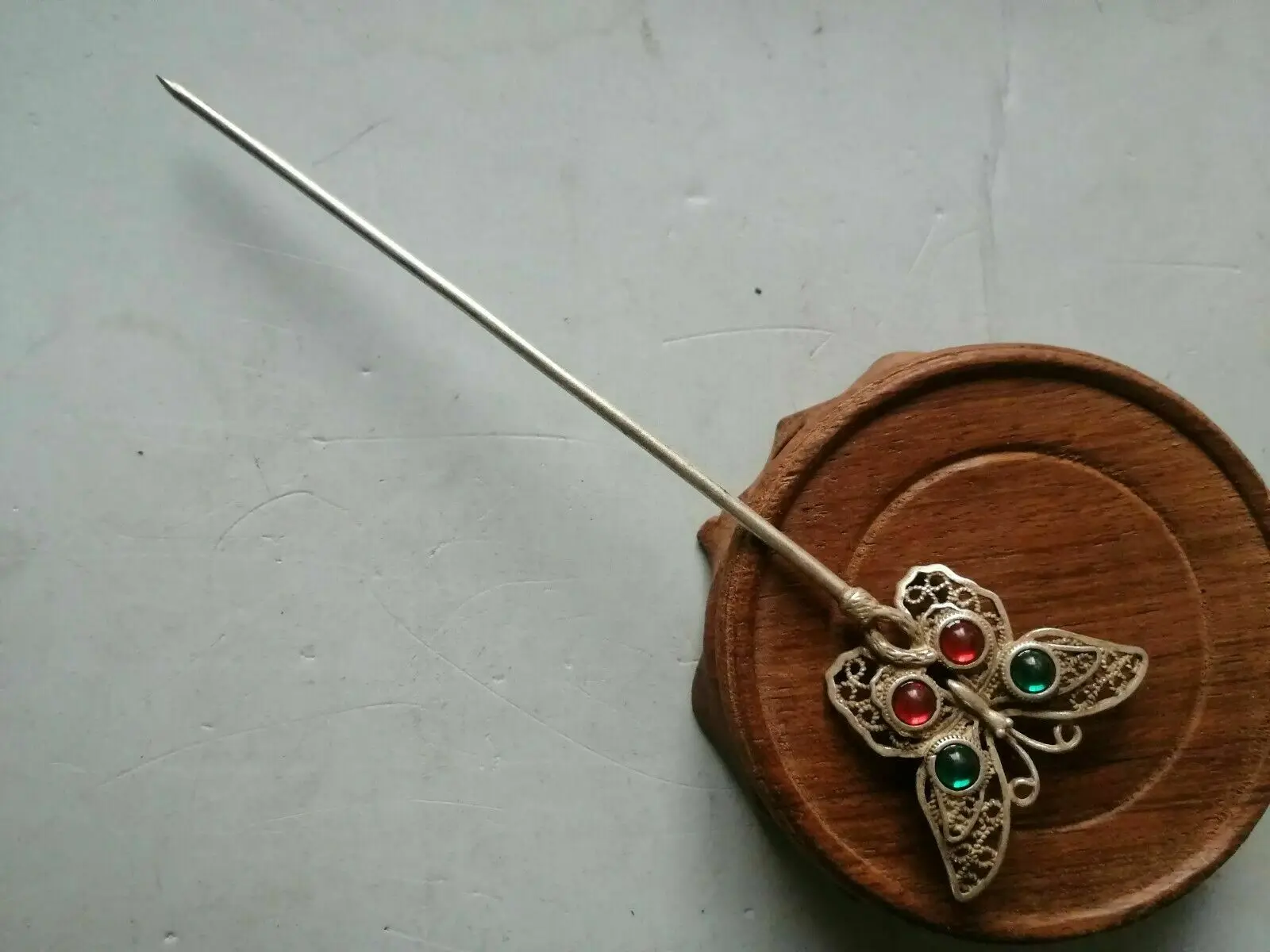 Chinese old Tibet silver Gemstone inlay Carving butterfly Hairpin