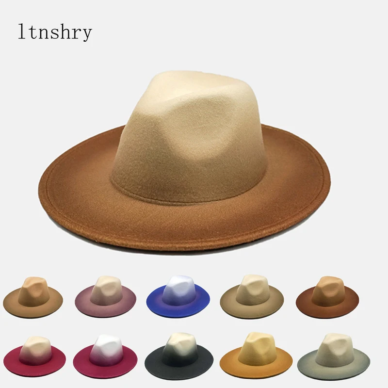 

2020 Women hat Men Vintage Trilby Felt Fedora Wide Brim Panama Gentleman Elegant Gradient Color For Lady Jazz Caps