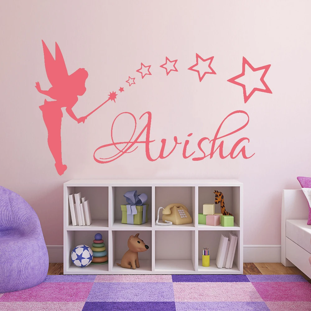Little fairy Wall Stickers Girls Personalized Name Wall Decals Kids Room Headboard Wardrobe Art Decor Vinyl Wall Murals Y446
