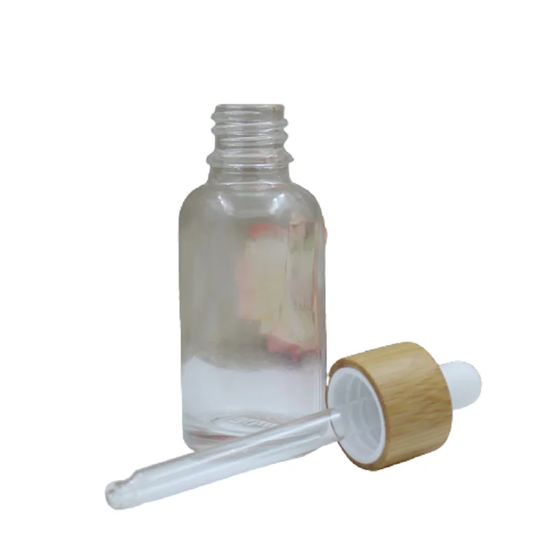 Empty Clear Glass Bottle Bamboo Wood Ring White Top Essential Oil Pipette Vials Essence Packaging 10ml 15ml 20ml 30ml 50ml 100ml