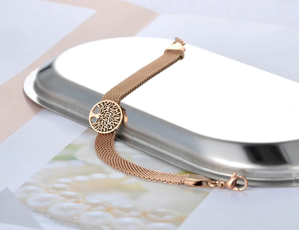 JeeMango Trendy Round Disc Tree Charm Armbänder Schmuck für Frauen Titan Edelstahl Netzwerkkettenarmband JB20028 – Detail 4