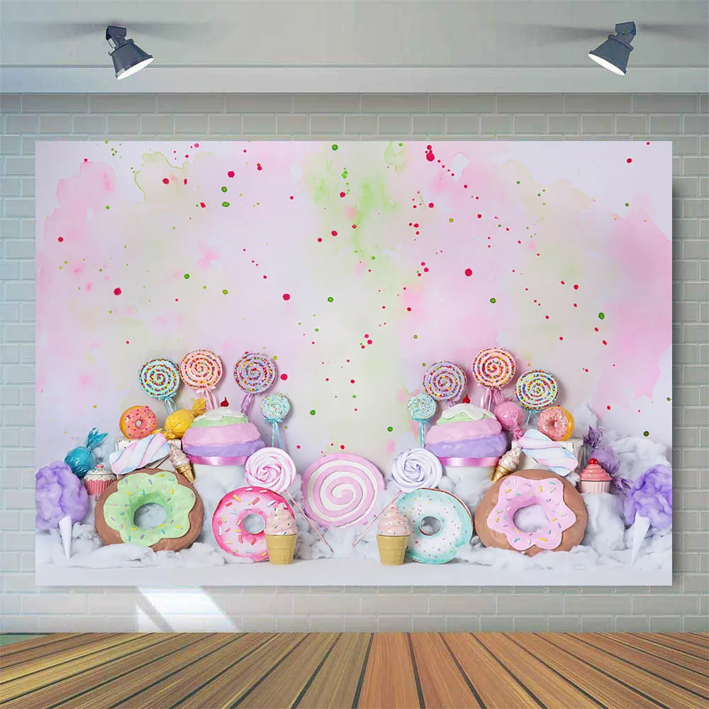 Donut Lollipop หวานวันเกิดฉากหลังสำหรับถ่ายภาพทารกแรกเกิดเด็กภาพพื้นหลังสำหรับ Photo Studio Art Photocall Prop