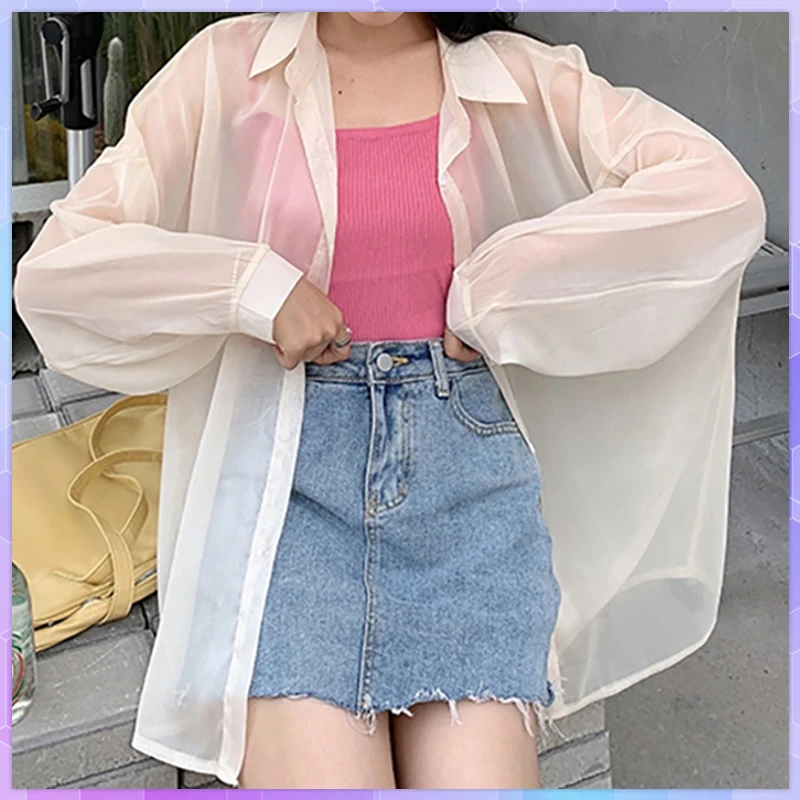 Solid Women's Shirt White Pearlescent Sunscreen Chiffon Shirts Summer Thin See-through Tunic Ladies Top Women Camiseta Feminina