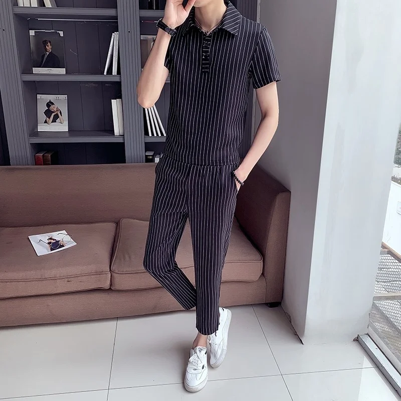 

New 2022 Mens Spring Summer Casual Sets Korean Style Fashion Slim Short Sleeve T-Shirt Pockets Classic Vintage Striped Pants