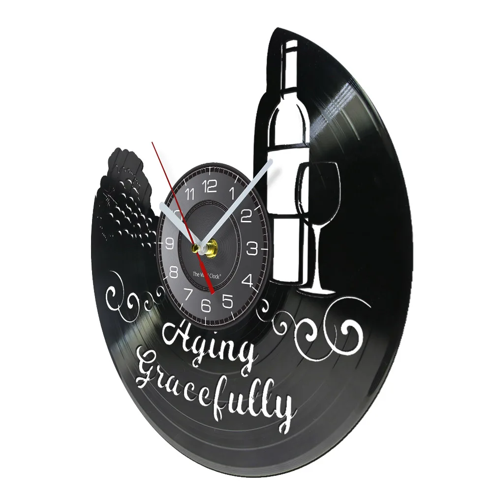 Aging Wine Bottle Glass Cup Kitchen Wall Clock Gracefully Grapevine Dinning Room Vinyl Record Clock Alcohol Drink Home Bar Watch