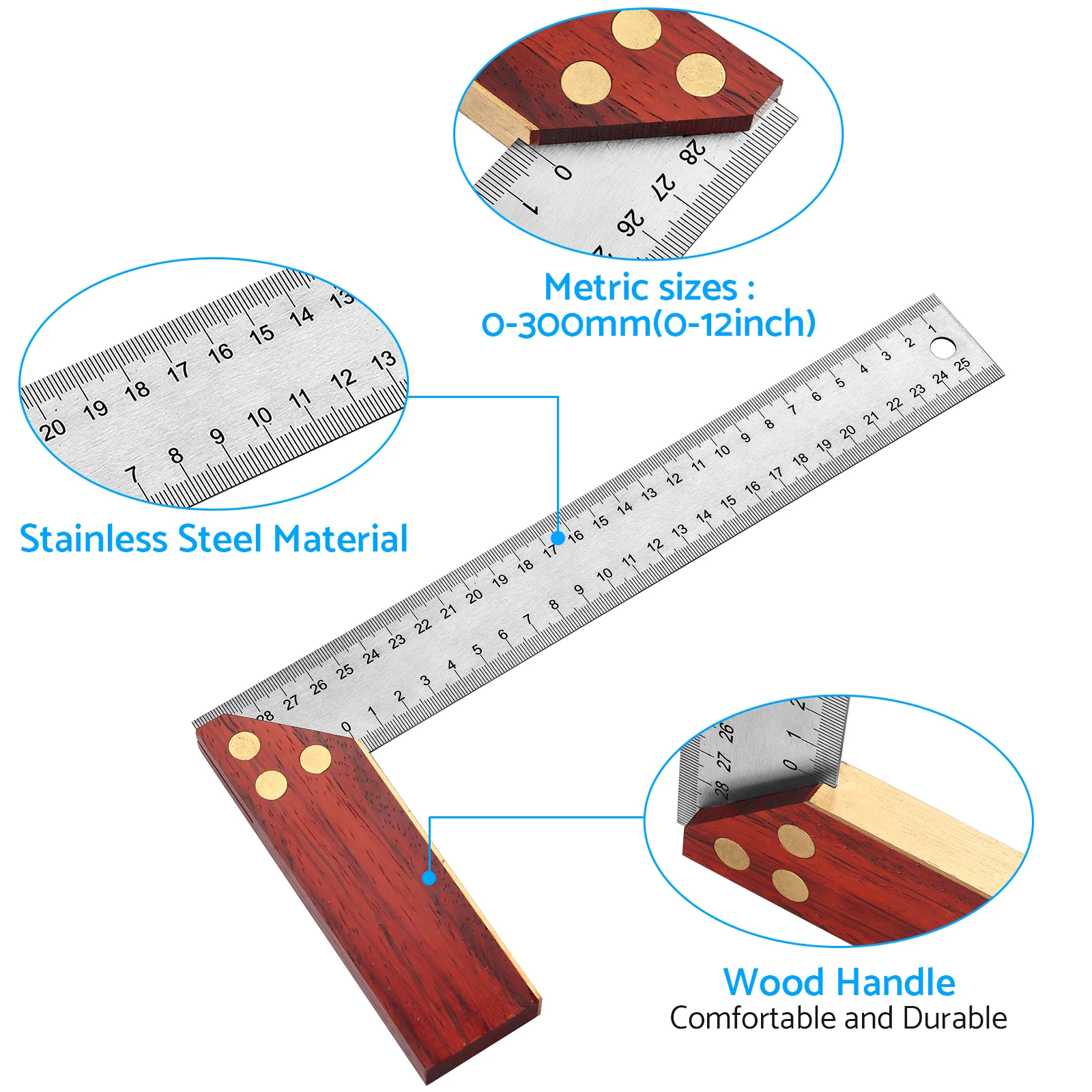 Proster 360 Degree T-Bevel Ruler 300mm + 200mm Try Square Ruler Stainless Steel Measure Imperial Metric Wood Carpentry Tool