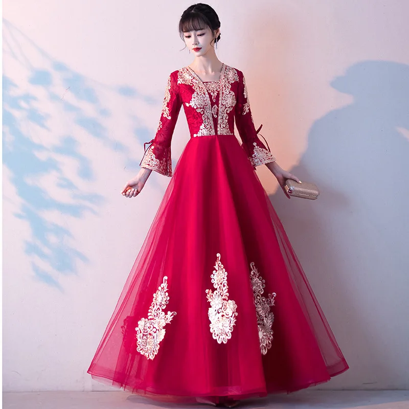 Stickerei Chinesischen Traditionellen Vestidso Elegante Braut Hochzeit Party Kleid Edle Blume Volle Länge Schlanke Qipao