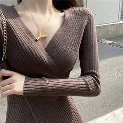 2020 Autumn Winter Women's Knitwear Sexy Across V-Neck Chic Casual Basic Women Sweater Long Sleeve Slim Knitted Pullover