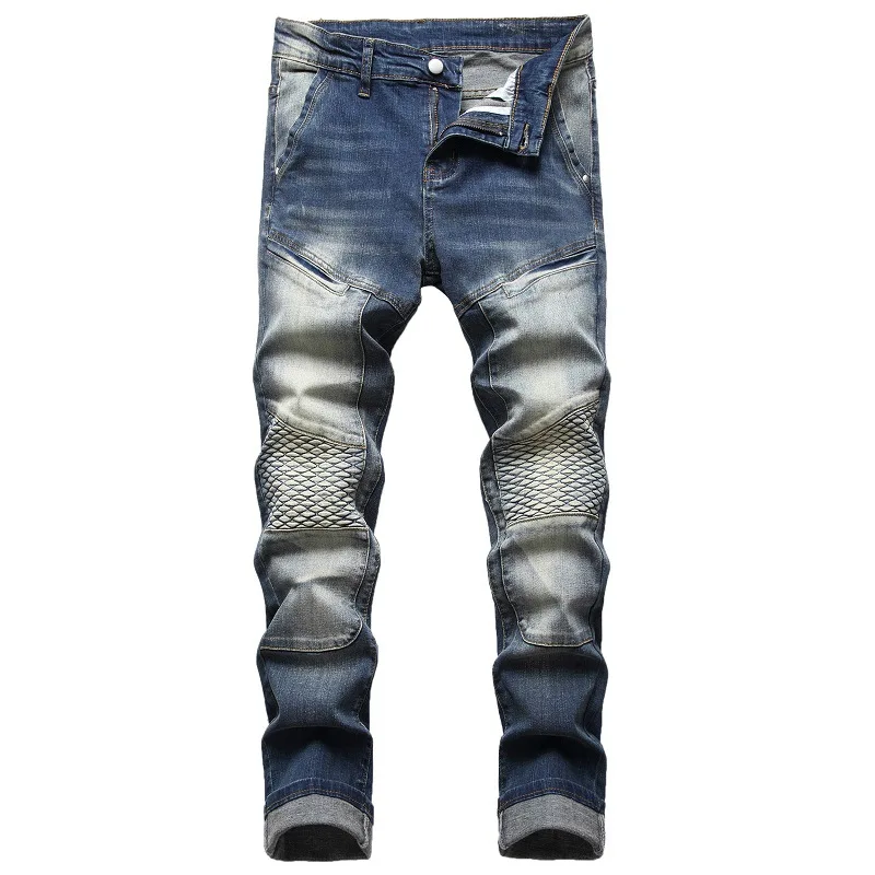 Jeans de motociclista plissado reto masculino, calça jeans casual masculina, plus size 42, de alta qualidade, 2023