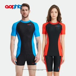 New Women Men Two Piece Short Sleeve Waterproof Quick-drying Sharkskin Split SwimSuit Training Yoga Running SwimWear Plus Size