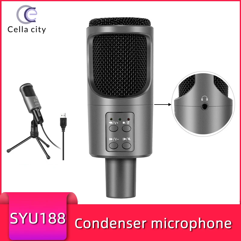 CELLA CITY USB Professional Condenser Microphone Live Streaming PC Gaming Pro Recording Equipment Desktop  Mic Vedio Chatting